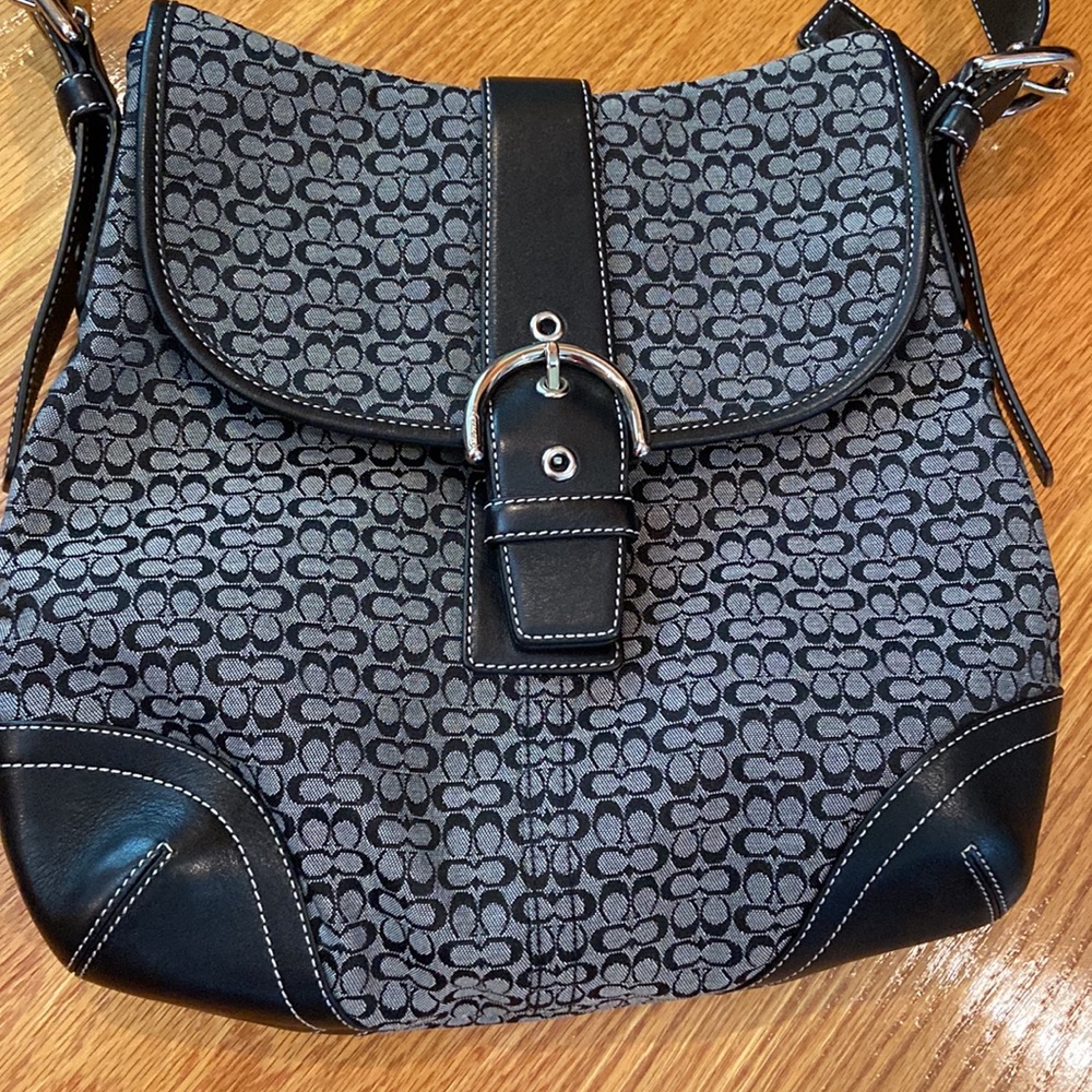 Coach Purse Style: MINSIG SOH SM DUF. Black and Gray.  Leather/Jacquard Fabric